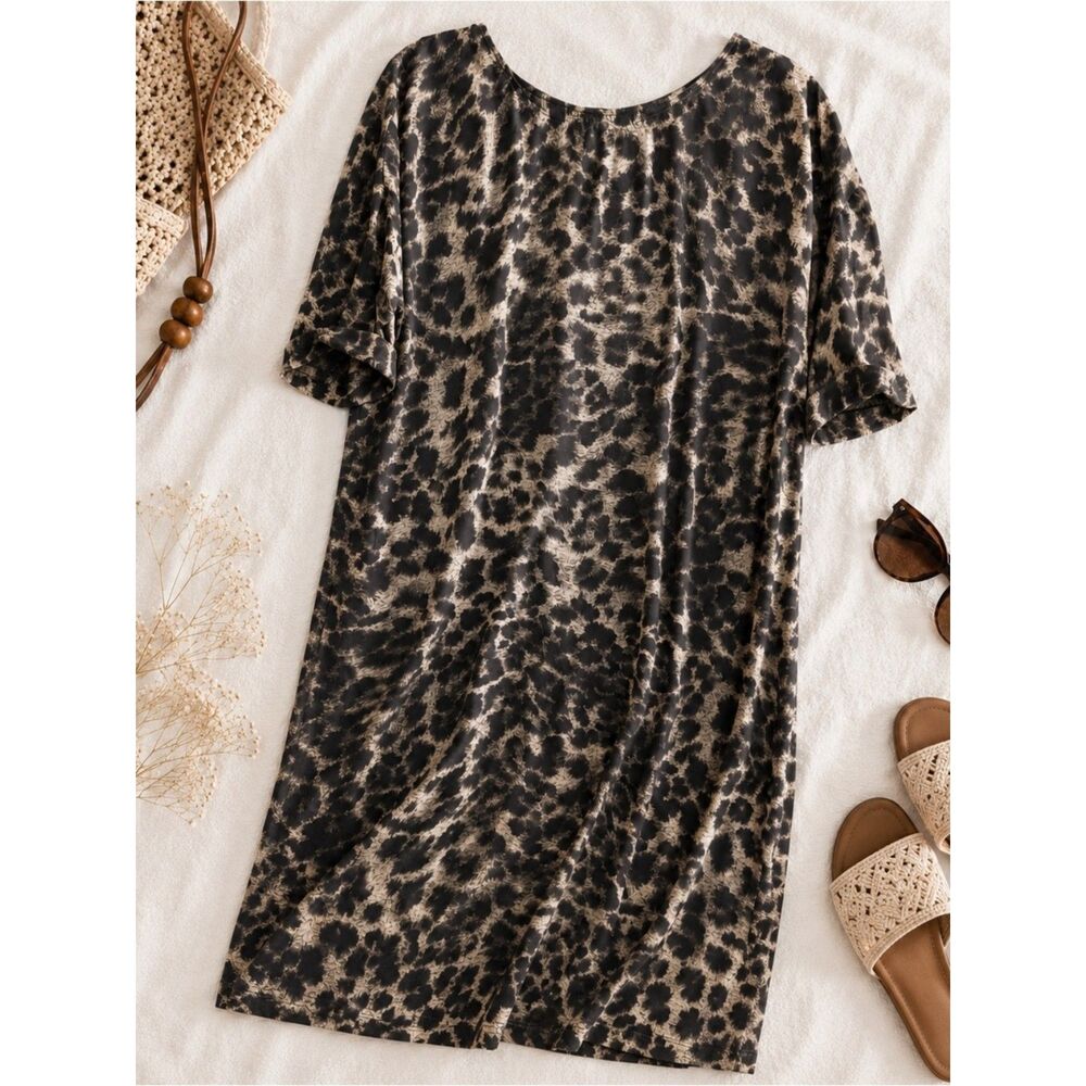 Club Monaco 100% Silk Animal Print Shift‎ Dress Brown Leopard Career Size 8